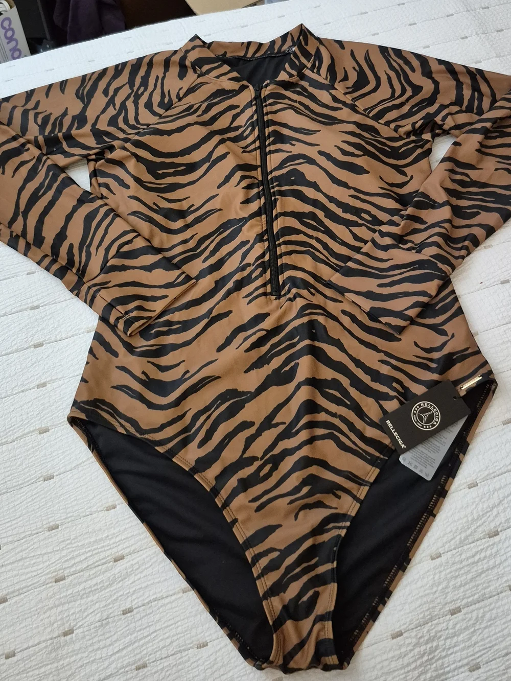 RELLECIGA Brown and Black Tiger-Print Long Sleeve Zip-Front Swimsuit